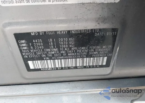 2011 Subaru Legacy 2.5I from USA, damaged, VIN 4S3BMBA68B3238126